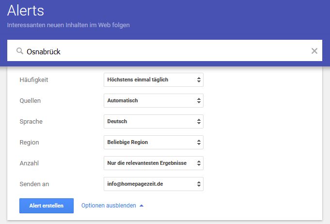 google alerts optionen