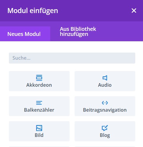 Wie erstelle ich Seiten und Beträge mit dem DIVI Builder? 2 modul auswahl