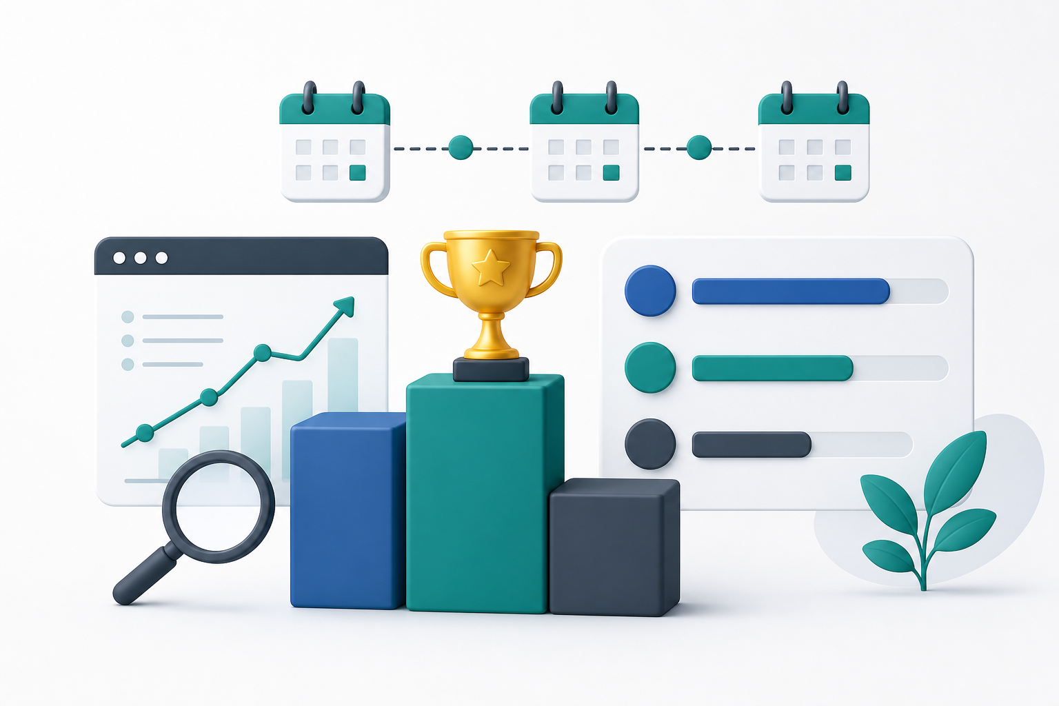 SEO Contest Gewinnerwertung Illustration zur Gewinnerermittlung im SEO Contest mit Ranking-Balken, Stichtagen und Trophäe